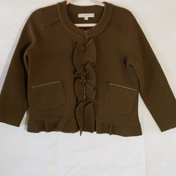 LOFT Jackets & Blazers - Loft Olive/Army Green Ruffle Zip Merino Jacket